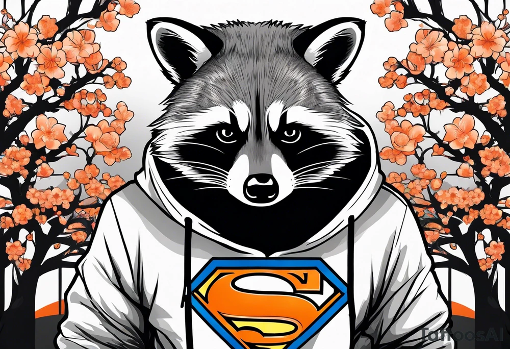 raccoon wearing a Superman hoodie with black and white logo and orange Japanese cherry blossoms tattoo idea