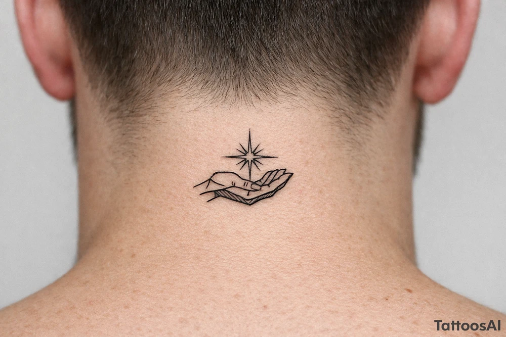 Geometric hand silhouette cradling a vibrant starburst with sharp lines. Single needle style. tattoo idea