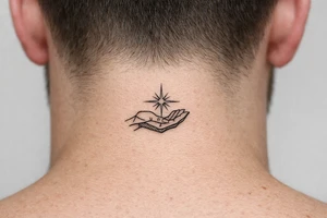 Geometric hand silhouette cradling a vibrant starburst with sharp lines. Single needle style. tattoo idea