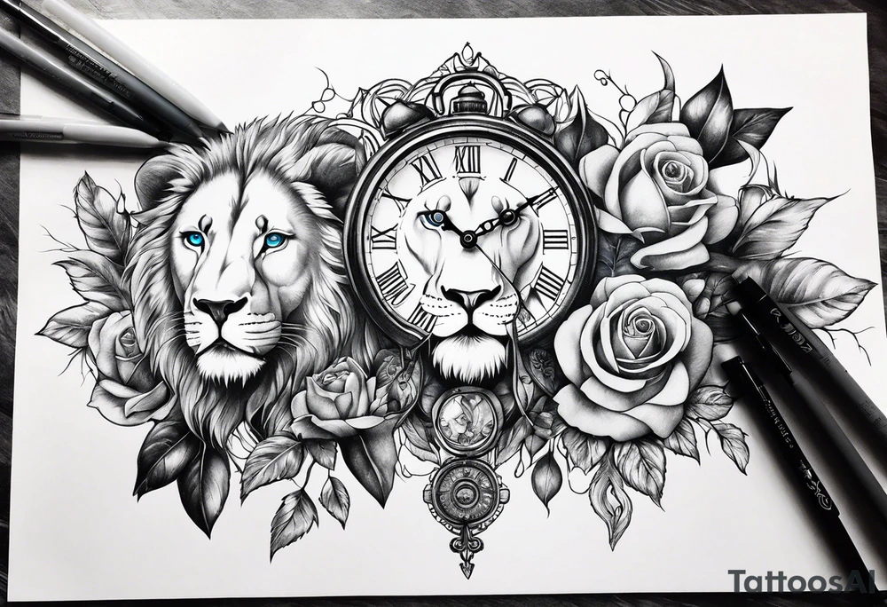 Clocks, with roses and lion with blue eyes tattoo idea