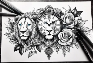 Clocks, with roses and lion with blue eyes tattoo idea