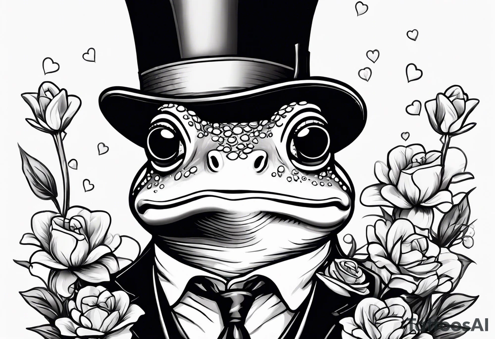 Cute Frog standing upright  in a top hat holding flowers to go on a date tattoo idea