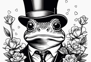 Cute Frog standing upright  in a top hat holding flowers to go on a date tattoo idea