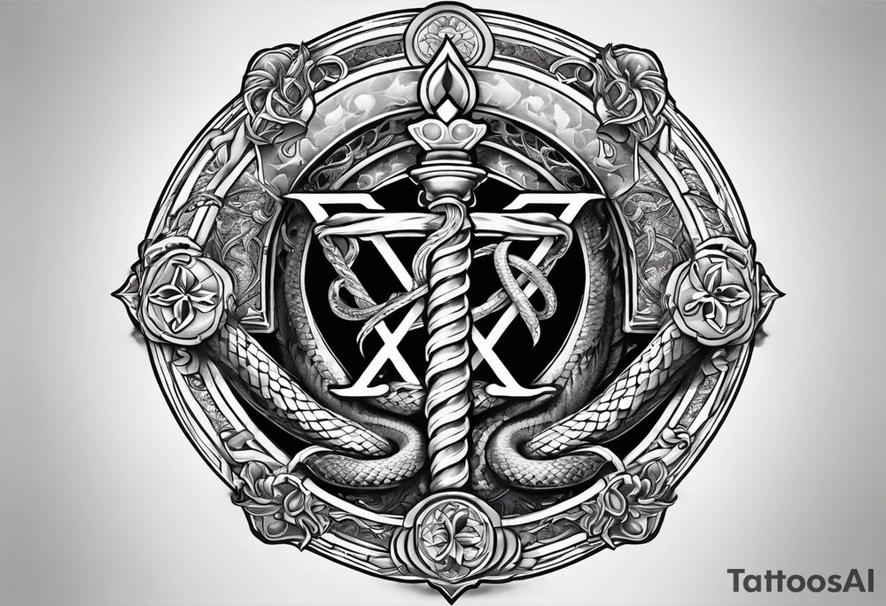 staff of caduceus snakes square and compass G tattoo idea