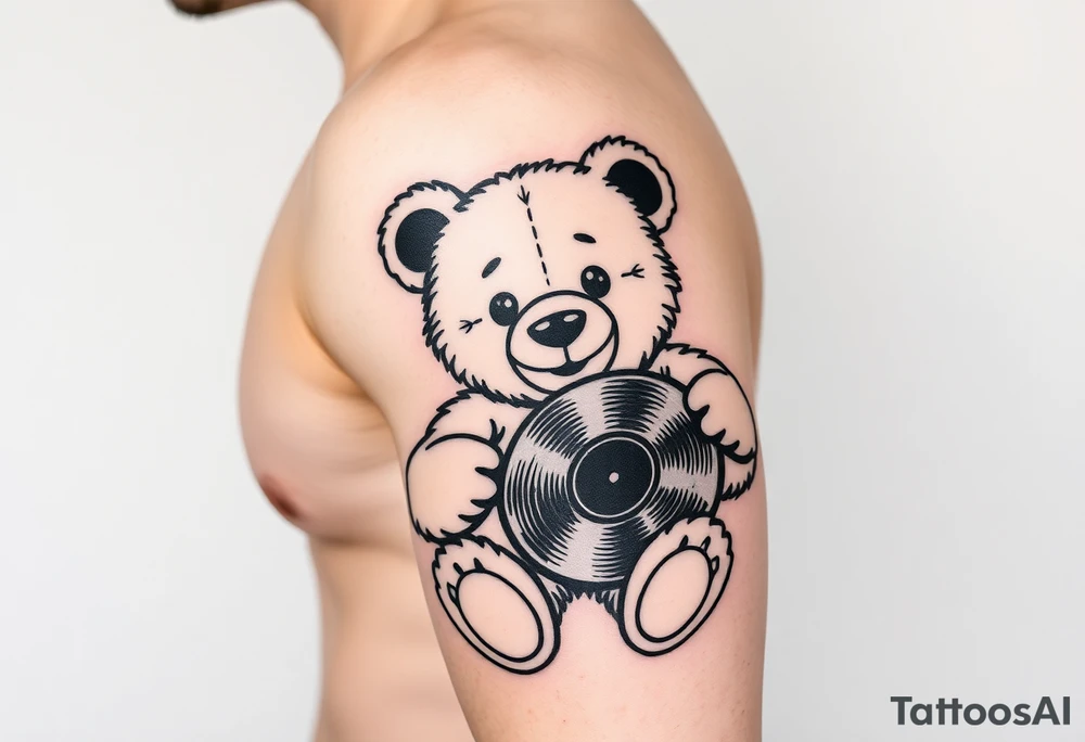 minimalist teddy bear smiling and holding a vinyl record tattoo idea minimalist teddy bear smiling and holding a vinyl record tattoo idea