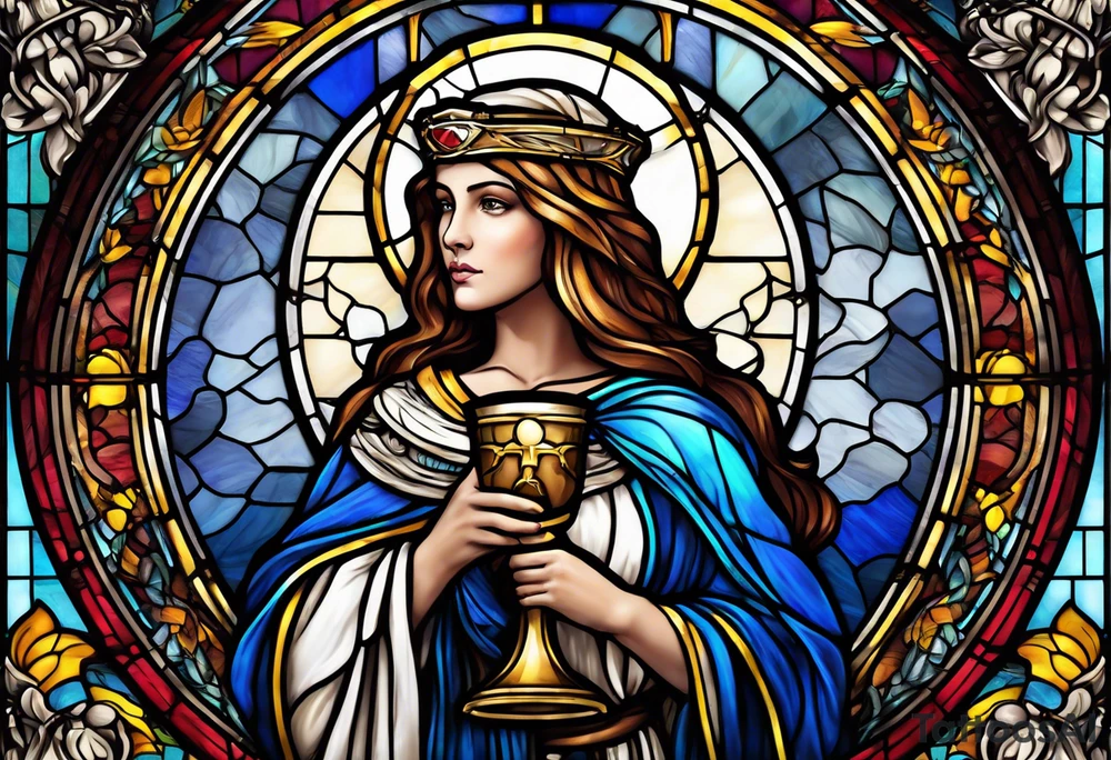holy saint woman with halo stained glass holding a chalice with artillery tattoo idea