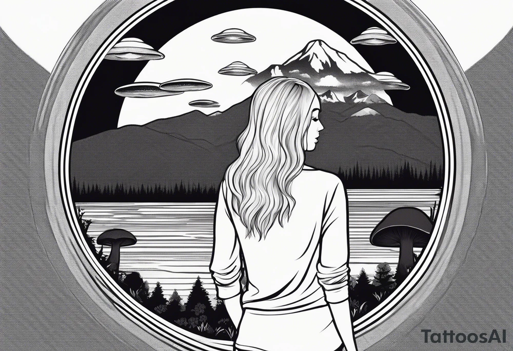 Whole picture encircled fully

Straight long blonde hair hippie girl in distance holding mushrooms in hand facing away toward mountains and creek surrounded by mushrooms long sleeve shirt and hiking pants; whole rendering within a full circle, no cut off circle tattoo idea