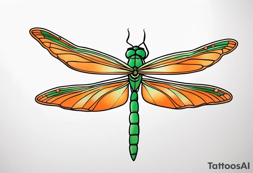 green and orange dragonfly on a twig tattoo idea