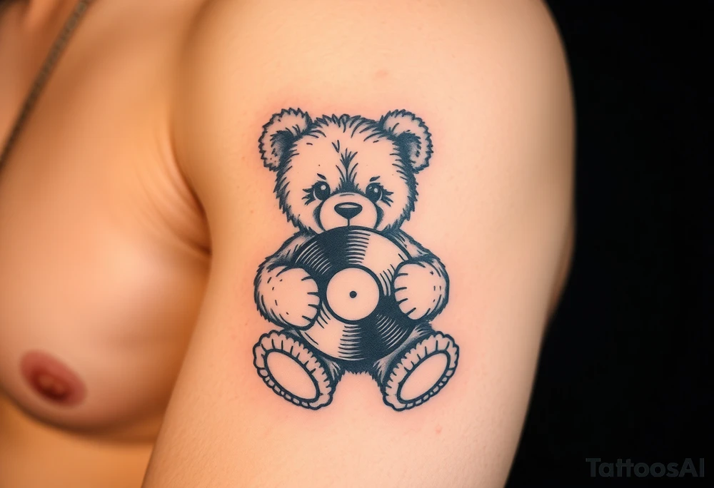 teddy bear holding a vinyl record tattoo idea