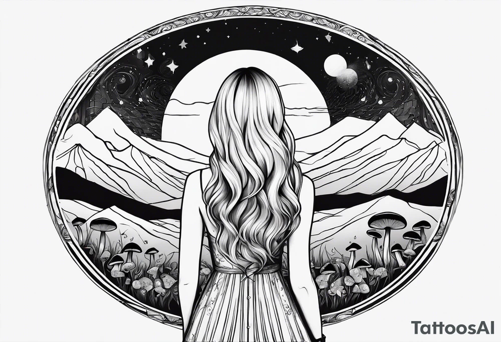 Straight blonde hair girl facing away toward mountains surrounded by mushrooms crescent moon mandala circular design black and white striped dress infinity symbol tattoo idea