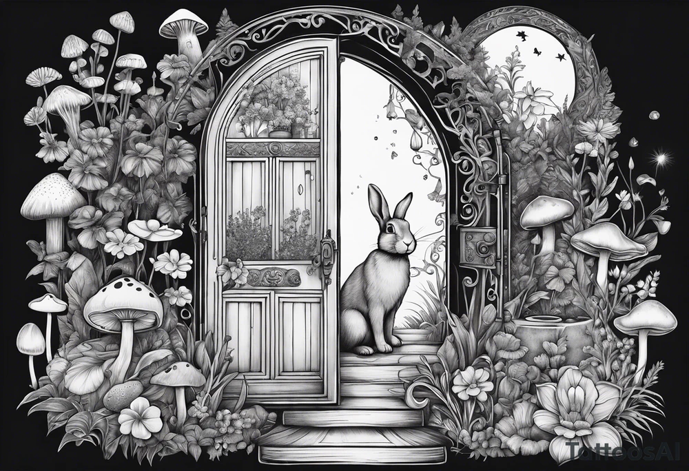 Mystical garden with door and potions and a rabbit and flowers and mushrooms tattoo idea