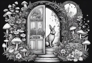 Mystical garden with door and potions and a rabbit and flowers and mushrooms tattoo idea