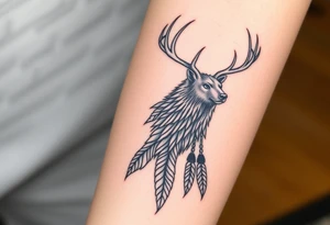 Indigenous, Majestic, and Powerful male Goliath Grizzly Bear and an Indigenous, Majestic, and Powerful King Elk guarding an Indigenous, Majestic, and Powerful Raven haired Warrior Squaw tattoo idea