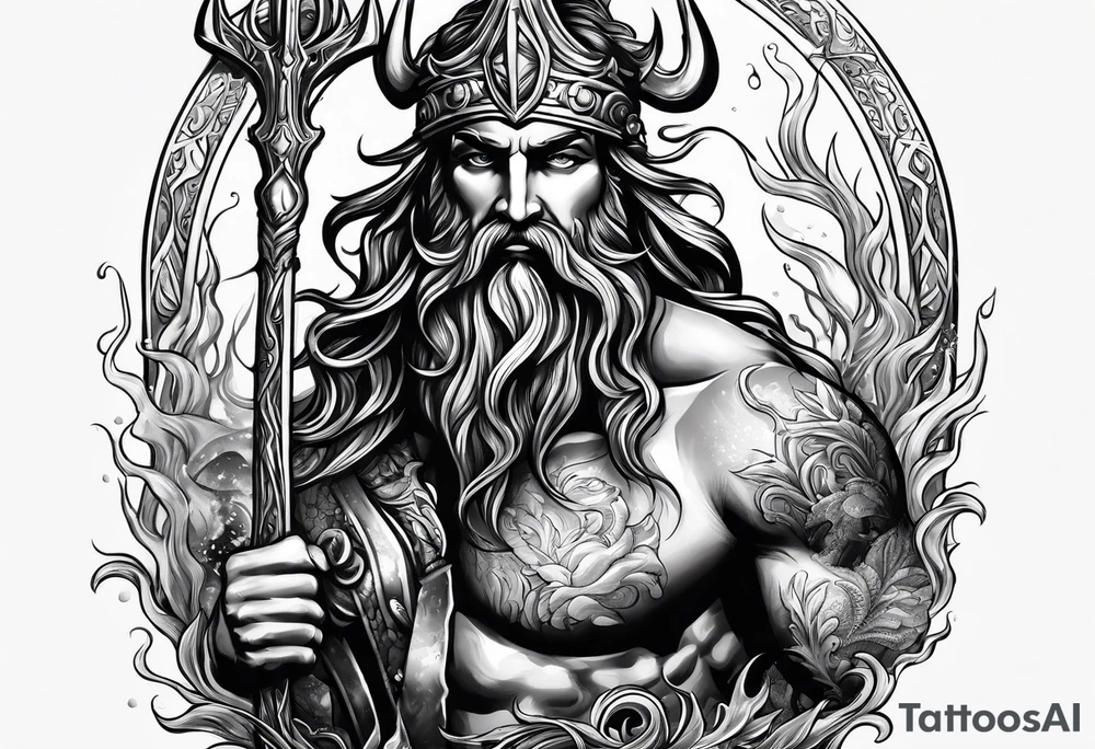 mystical Poseidon trident underwater tattoo idea