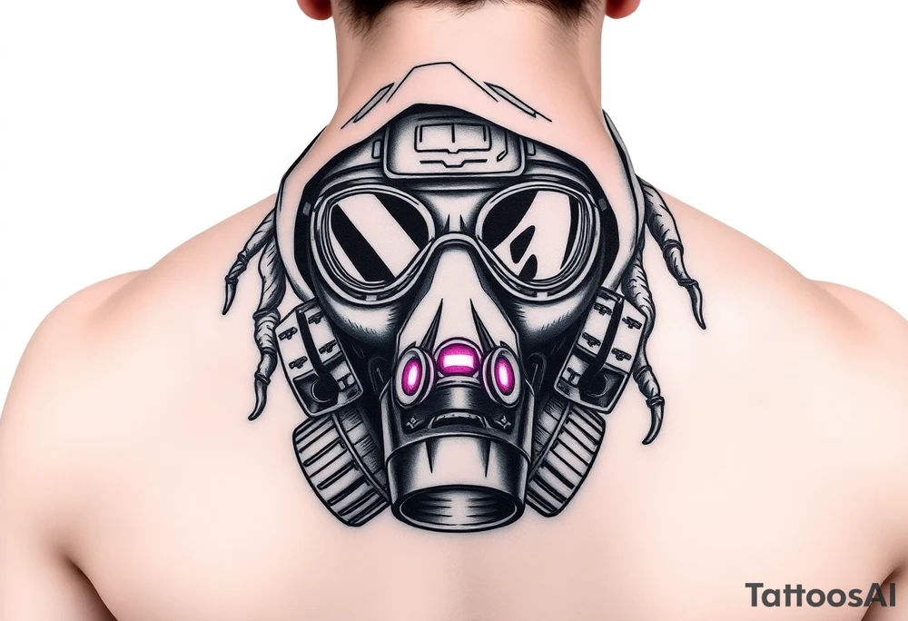 Tech-Nomad Mask
A stylized, worn-out respirator or gas mask, modified with neon lights and HUD displays.
Dreadlocks or a tattered hood for a post-apocalyptic feel.
A mix of traditional shading with futuristic digital glows. tattoo idea