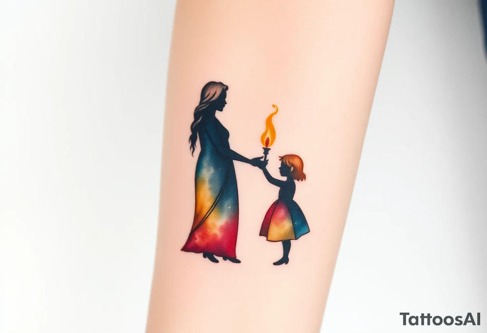 Silhouette of grandmother, mother and daughter passing a flame from oldest to youngest with the flame growing as it goes. tattoo idea