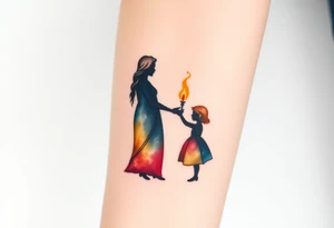 Silhouette of grandmother, mother and daughter passing a flame from oldest to youngest with the flame growing as it goes. tattoo idea