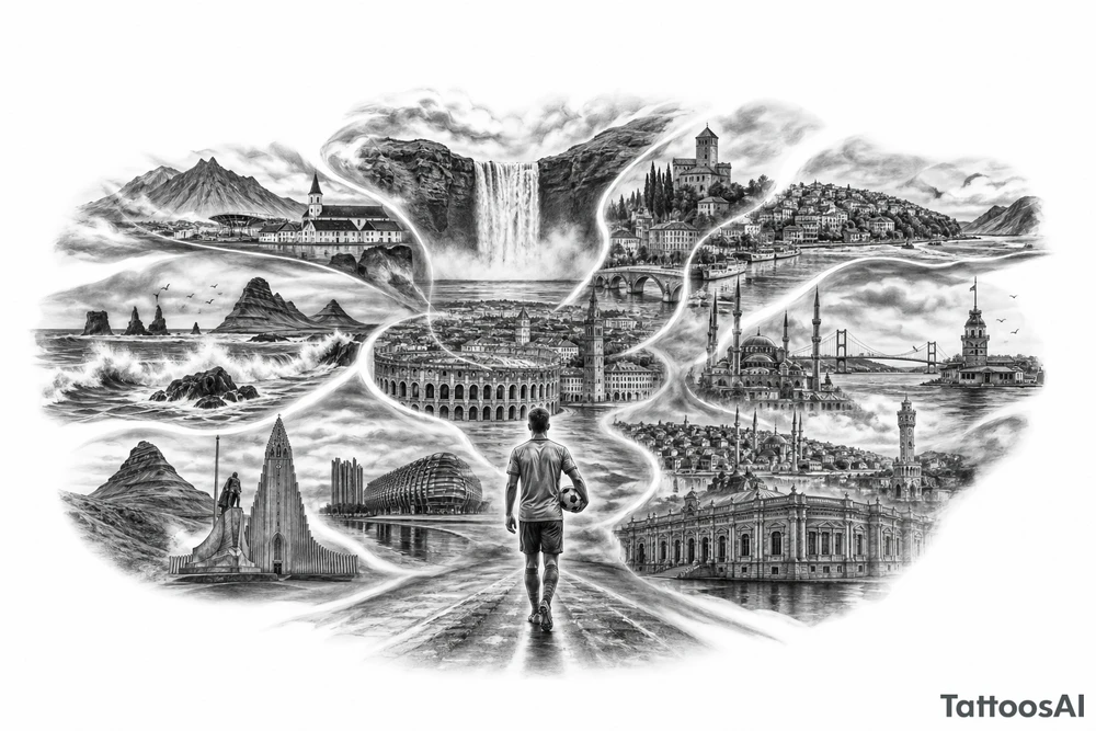 Iceland x3 (sindri, ibv, stjarnan) Italy x2 (Verona, Sassuolo) Spain (Logrono) Turkey x2 (Fenerbahce, Besiktas) Hungary (Fradi) France (Bordeaux) Something to do with football journey, surreal style to fit on arm forearm or inner bicep no crests just main attractions of each country tattoo idea