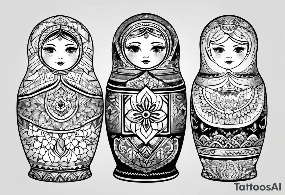 Matryoshka with geometric design,  with large pattern around it tattoo idea