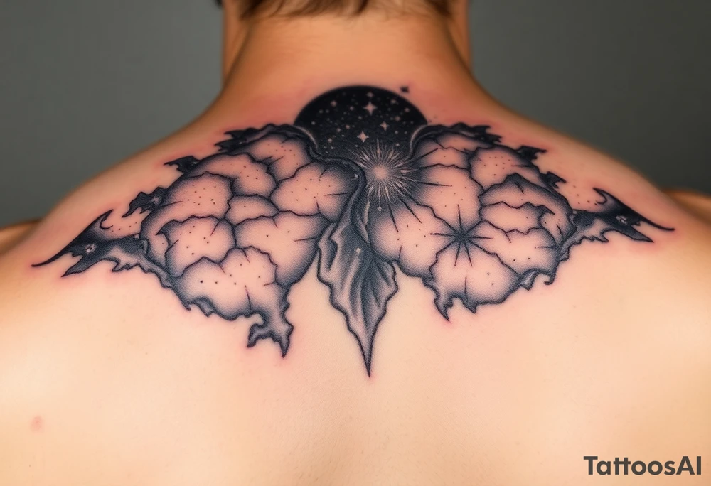 cover up tattoo inspired by the milky way that covers the upper portion of the back that is hyper realstic tattoo idea