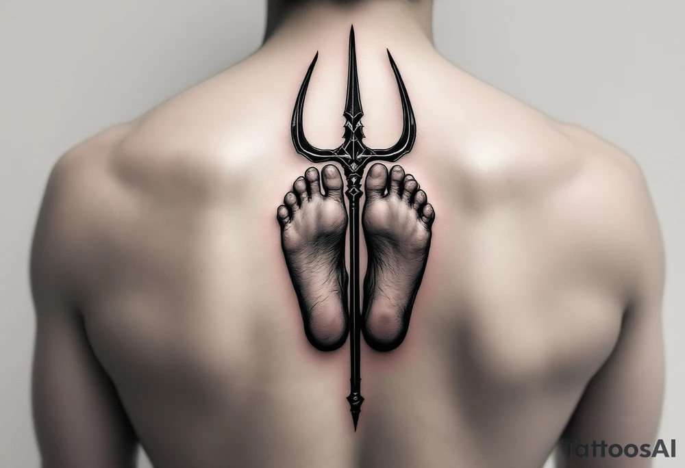 barefeet behind trident tattoo idea