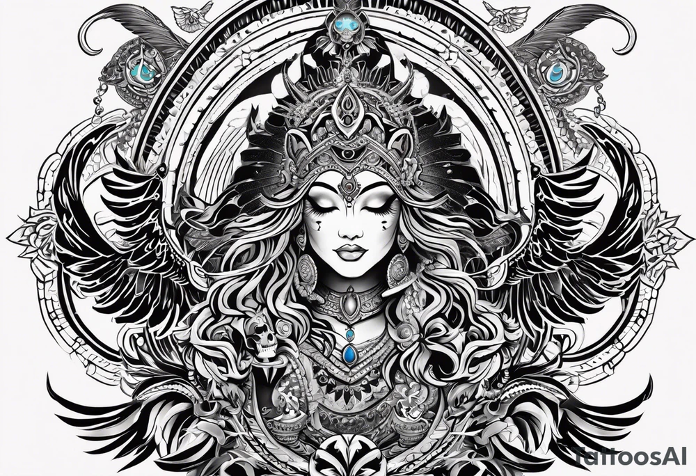 black kali, goddess pirate, alien, angel, pachamama, valkrye, warrior, flying, skull, lotus azul, wing, eagle, zenza resonance, stars, 5D, anahata chakra, death, durga, riding on a tiger, flying lady tattoo idea