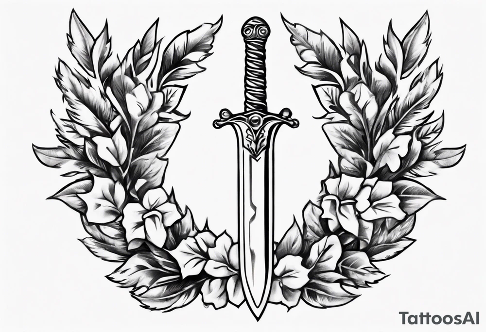 A sword and the number 13 in the middle of a laurel leaf wreath tattoo idea