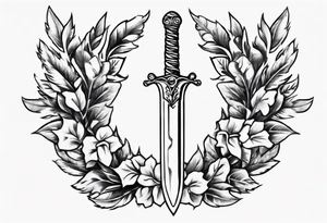 A sword and the number 13 in the middle of a laurel leaf wreath tattoo idea