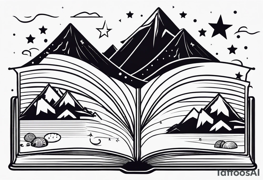 Open book with stars and mountains in a cartoon minimalistic design. Incorporate sushi rolls subtly tattoo idea