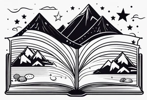 Open book with stars and mountains in a cartoon minimalistic design. Incorporate sushi rolls subtly tattoo idea