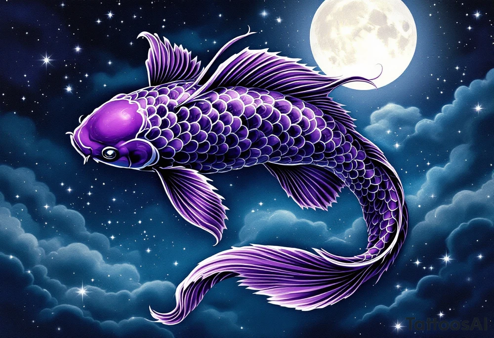 Purple Koi in Moonlight – A unique deep purple koi shimmering under a moonlit sky, with silver waves and subtle star-like sparkles around it. tattoo idea