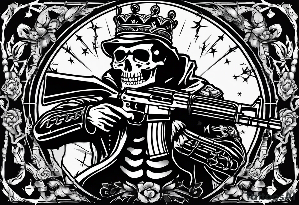 image of a skeleton standing frontally with a crown on his head, holding an AK-47 on his shoulder with his right hand. The chain on the left should be taut, there are three angry barking Dobermans in it, near the waist tattoo idea