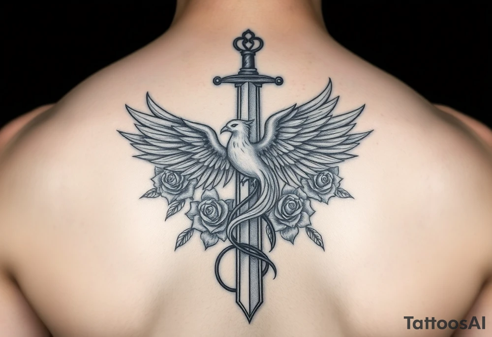 Cross sword darkened in with roses pearls and a phoenix rising from the ashes feminine the phoenix is not the main attraction the cross is on tricept tattoo idea