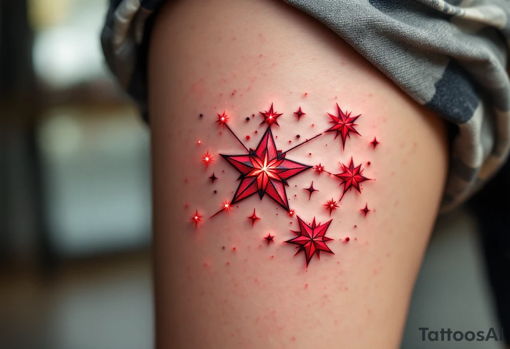 A stylized Aries star constellation is inked in electric red with small fire-like sparks around each star. tattoo idea