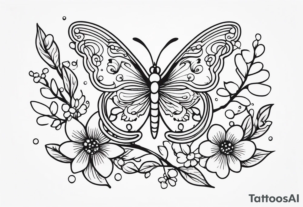 Winding branches and leaves and tiny flowers with a small moth and bubbles tattoo idea