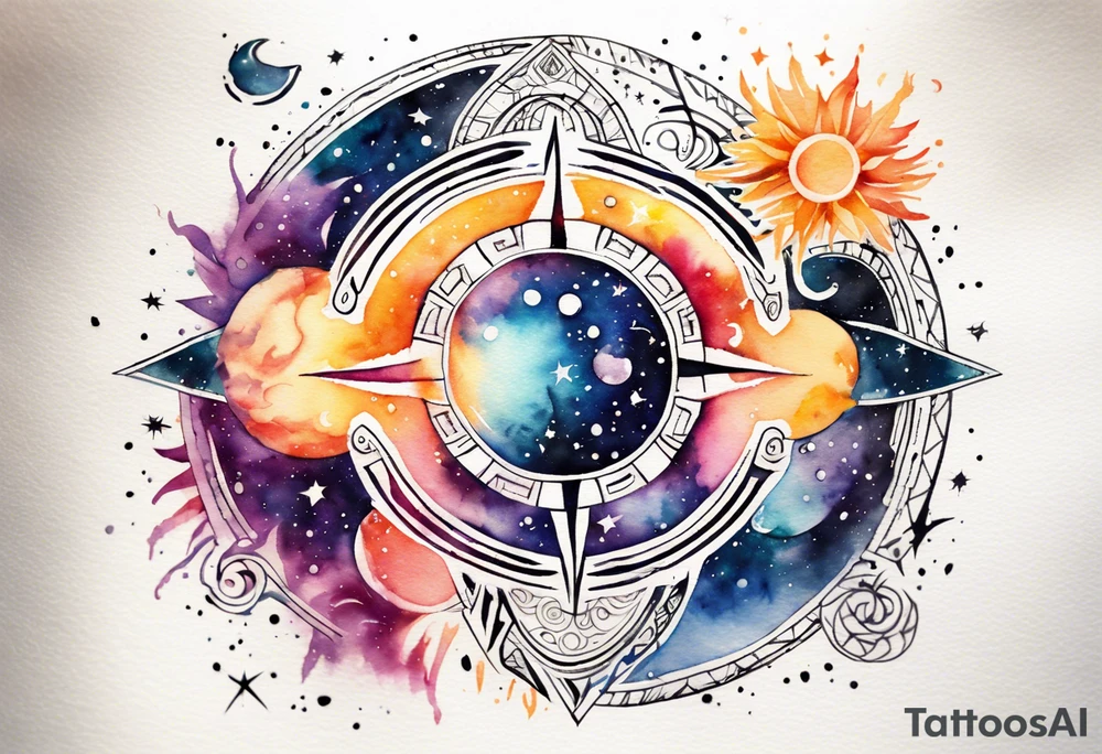 Chest, Tribal watercolor style tattoo design that depicts a radiant sun on left and moon on right, with tribal patterns, geometric swirls, watercolor style tattoo design, mesmerizing blend of vibrant watercolor splashes and cosmic elements like stars, and galaxies, dreamy and otherworldly effect, solar system,astronomy tattoo idea