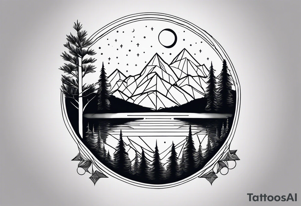 Geometric nature tattoo with moutains, lake, forest, and a moon. Tattoo needs to be the size of the entire forearm, please. tattoo idea