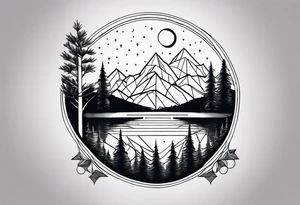 Geometric nature tattoo with moutains, lake, forest, and a moon. Tattoo needs to be the size of the entire forearm, please. tattoo idea