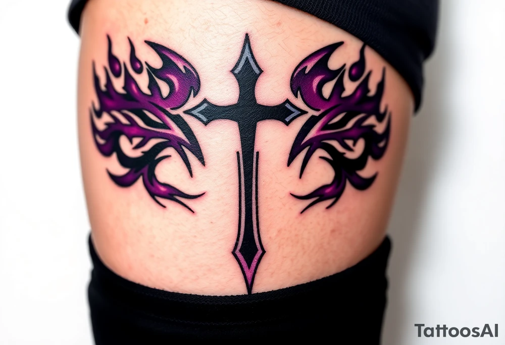 A black upside down cross engulfed in dark purple flames, tattoo idea
