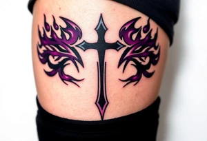 A black upside down cross engulfed in dark purple flames, tattoo idea