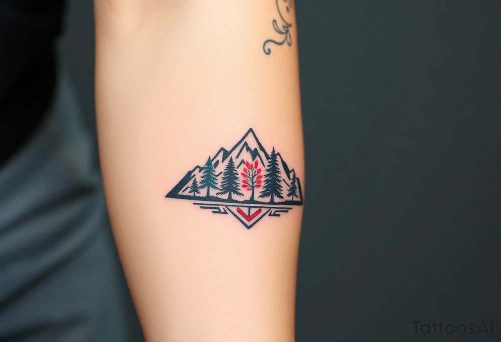 Lower forearm, trees with mountains in background, leaves on the trees are pink, purple, teal, red tattoo idea