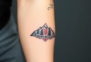 Lower forearm, trees with mountains in background, leaves on the trees are pink, purple, teal, red tattoo idea