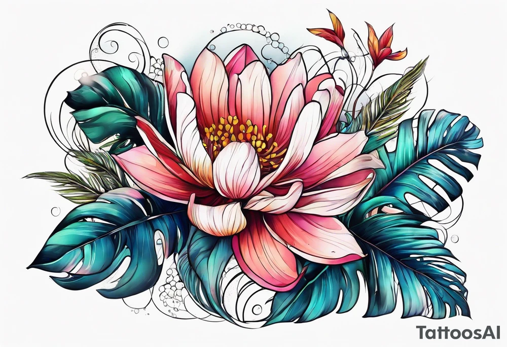 sea,, night, flower, palm, tattoo idea