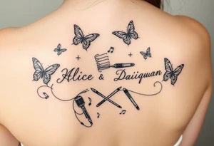 Names: Faith Alice Ida Daiquan surrounded with butterflies, musical notes, needle and thread, microphone and drumsticks tattoo idea