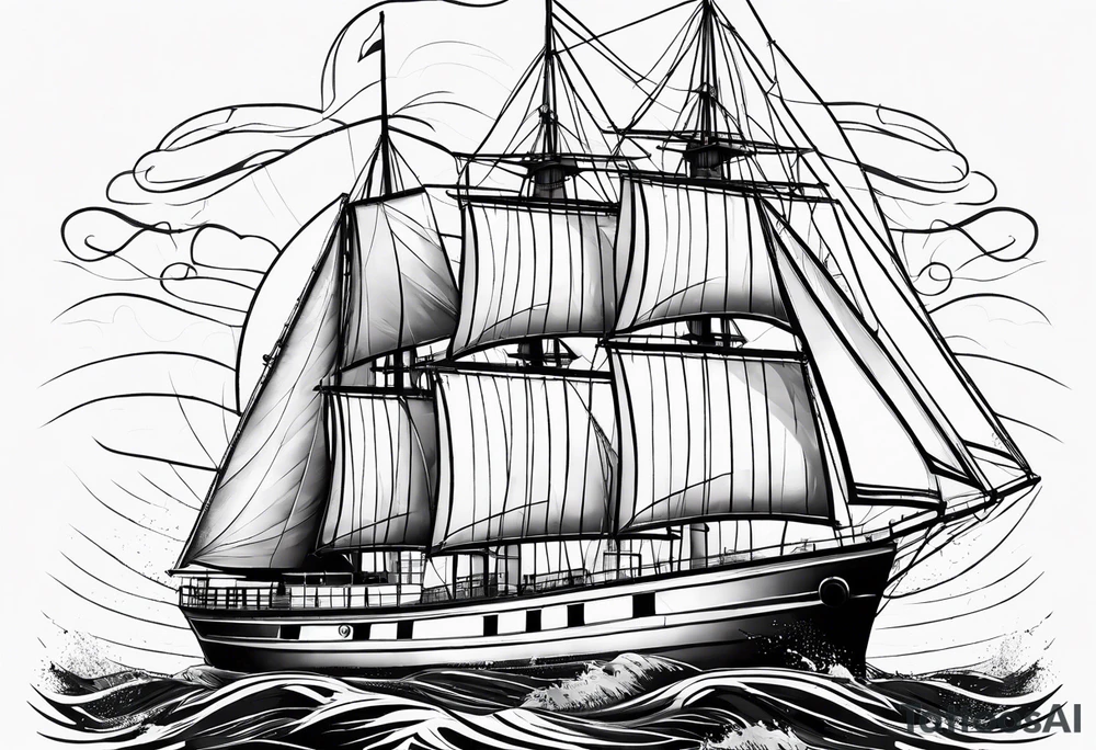 maritime lighthouse partially hidden by its large fixed sail. calm sea reflection. tattoo idea