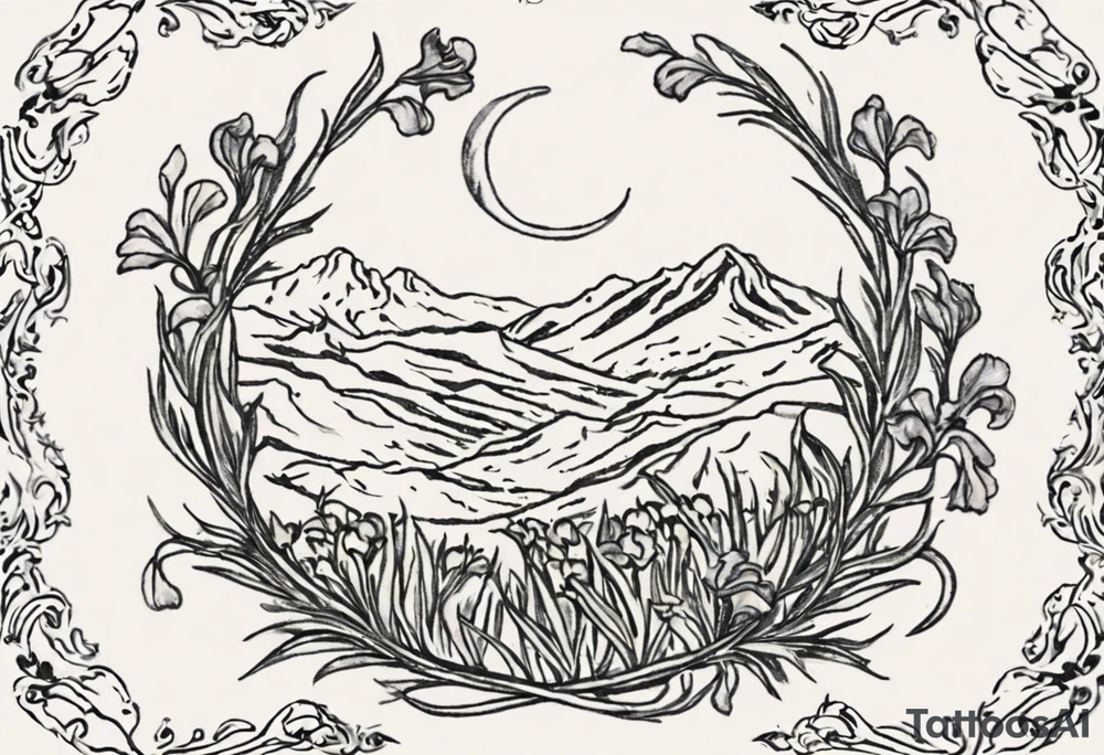 Create a small Vincent van Gogh Irises tattoo in the form of a crescent, with vines gracefully intertwining at a central point in the middle of the wreath.  In the middle of the wreath are mountains and other items found in New Mexico. Ensure that the design avoids the appearance of a bush and maintains a more structured and deliberate arrangement. The intended placement is on the upper chest. The overall design should be small in size while maintaining a delicate and artistic aesthetic. Pay attention to the graceful flow of the vines and the placement of the irises to achieve a refined and elegant look. tattoo idea