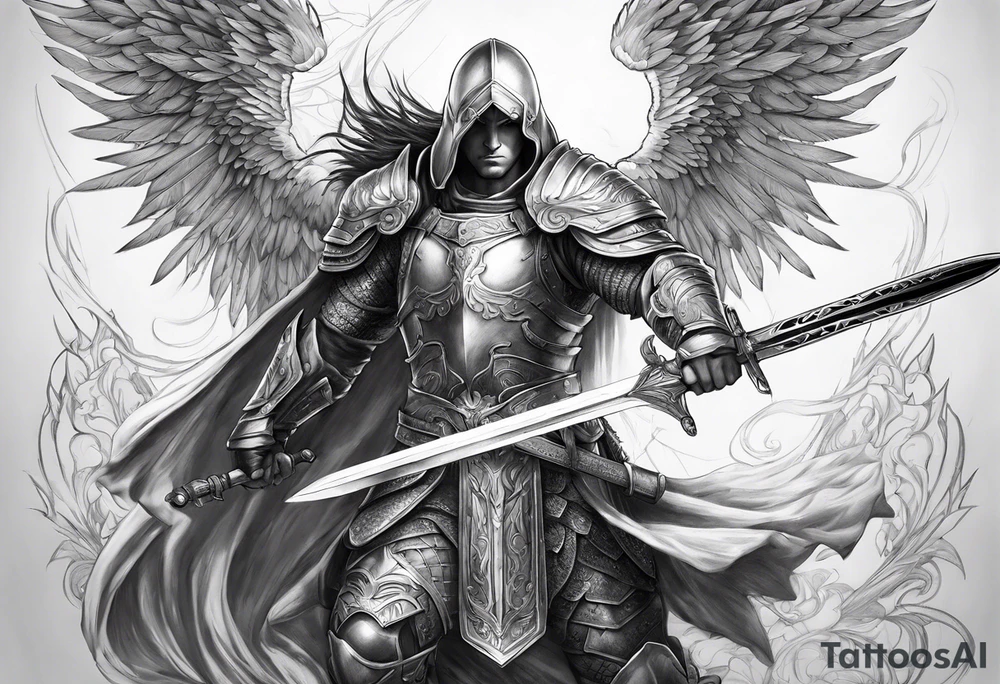 Arch angel hood fighting sword male full body heavenly armor tattoo idea