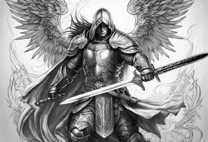 Arch angel hood fighting sword male full body heavenly armor tattoo idea