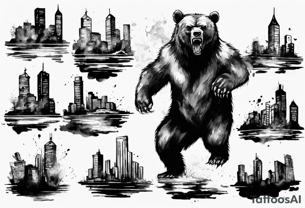 Angry bear coming up behind a city tattoo idea