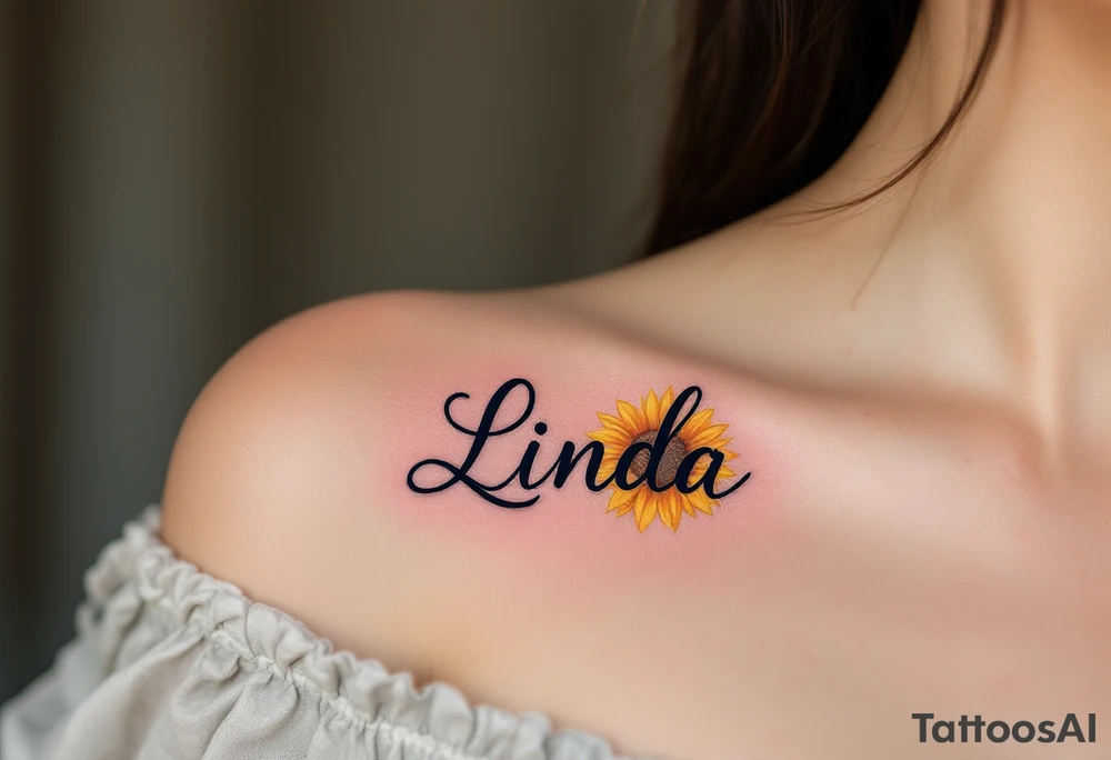 A vibrant sunflower in shades of yellow and orange with the daughter’s name Linda curved along the stem in black script. tattoo idea